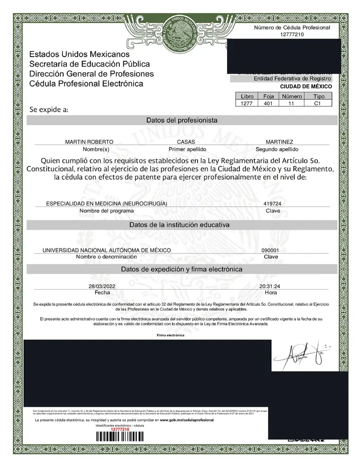 Imagen del documento: Cédula de especialidad en Neurocirugía: 12777210
