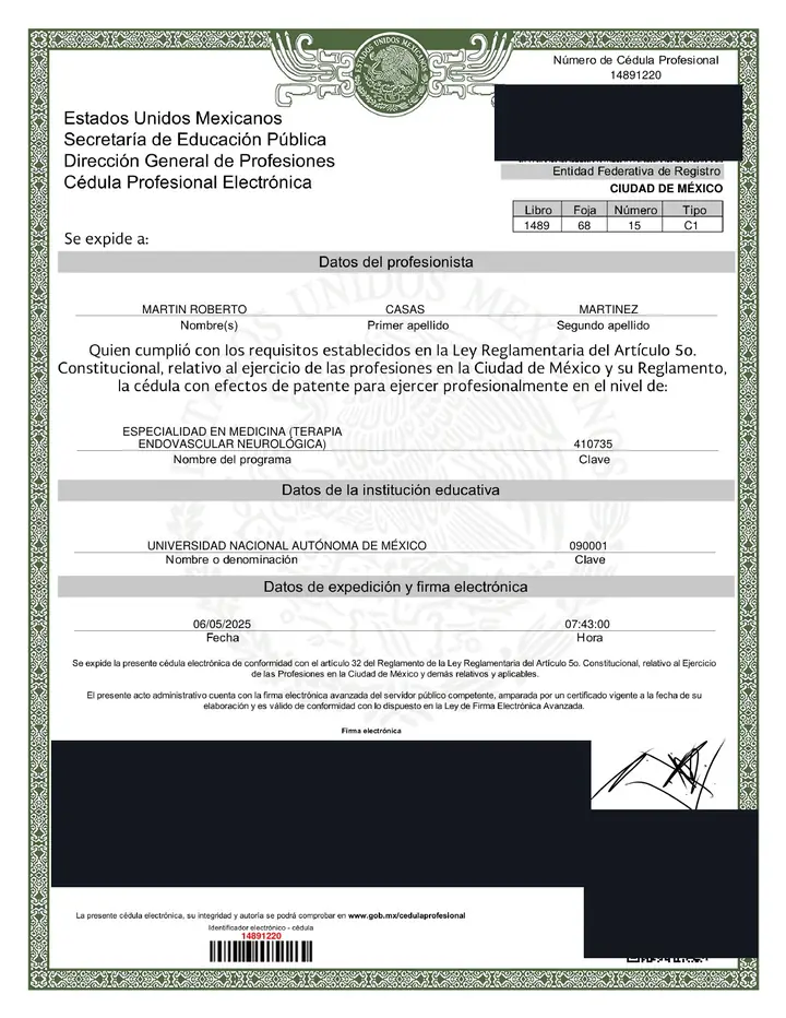 Imagen del documento: Cédula de especialidad en Terapia Endovascular Neurológica: 14891220